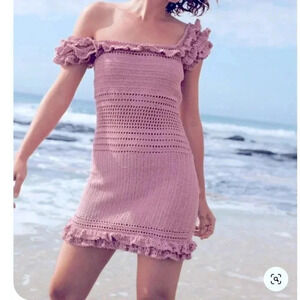 NWT She Made Me Saachi Off-the-shoulder Crochet Pastel Pink Ruffle Dress Size L